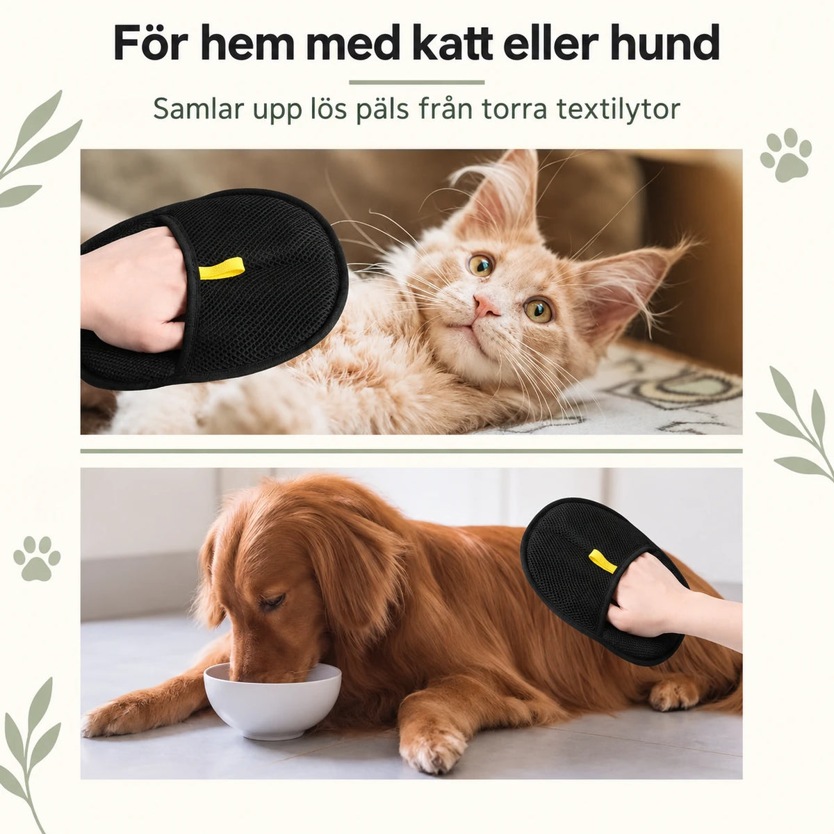 VelumiPets FurMitts används för att samla upp lös päls i hem med katt eller hund
