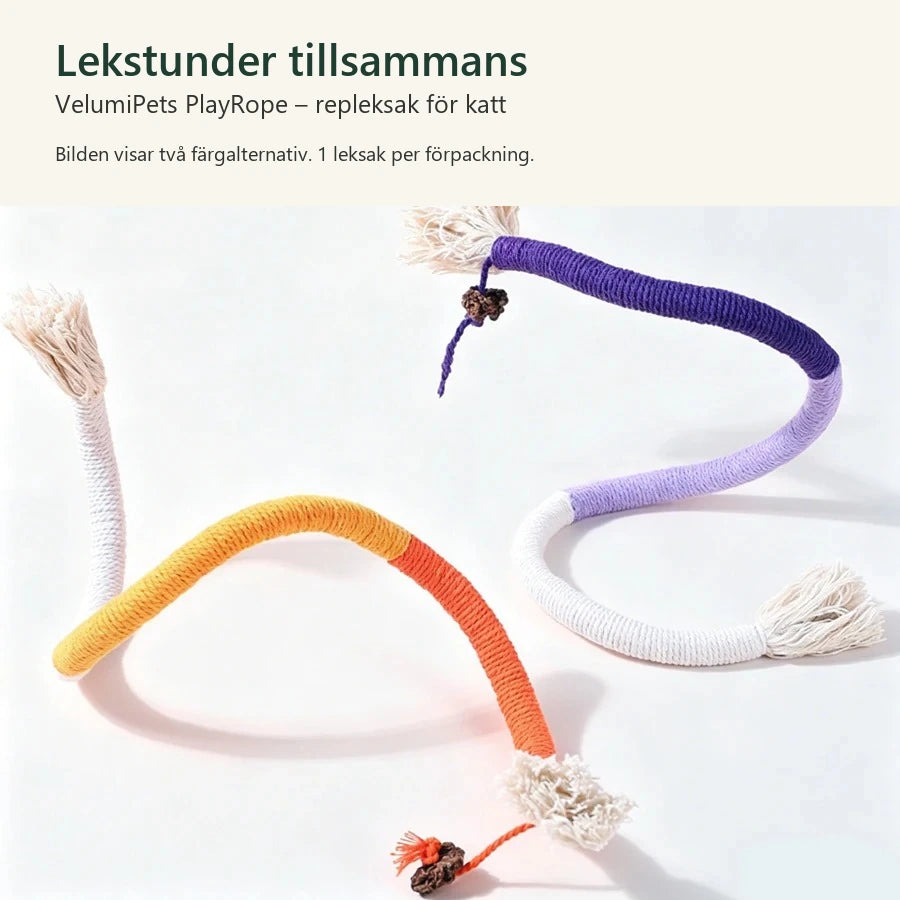 Orange och gul samt lila PlayRope-repleksak med tofsar.