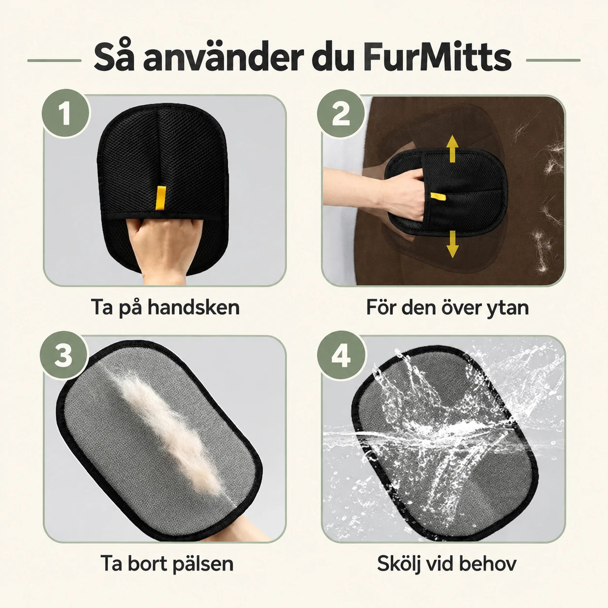 Så använder och rengör du VelumiPets FurMitts i fyra steg