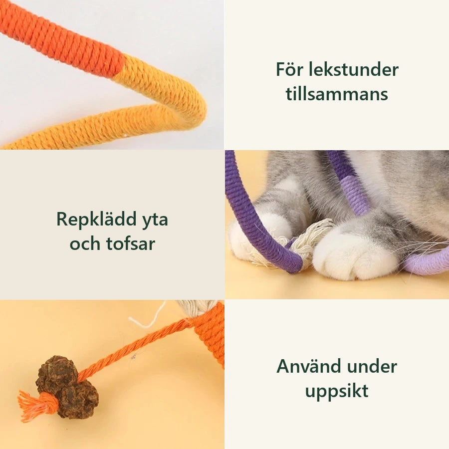 Detaljer på PlayRope-repleksak med repyta, katttassar och brun komponent.