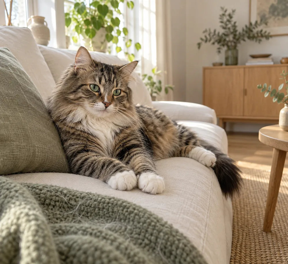 Katt på en ljus soffa i ett skandinaviskt hem