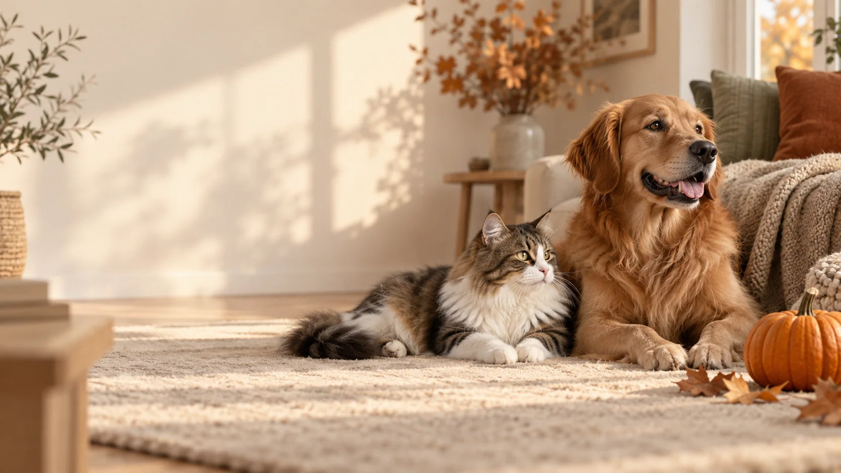 Katt och hund i ett varmt skandinaviskt hem med diskreta höstdetaljer