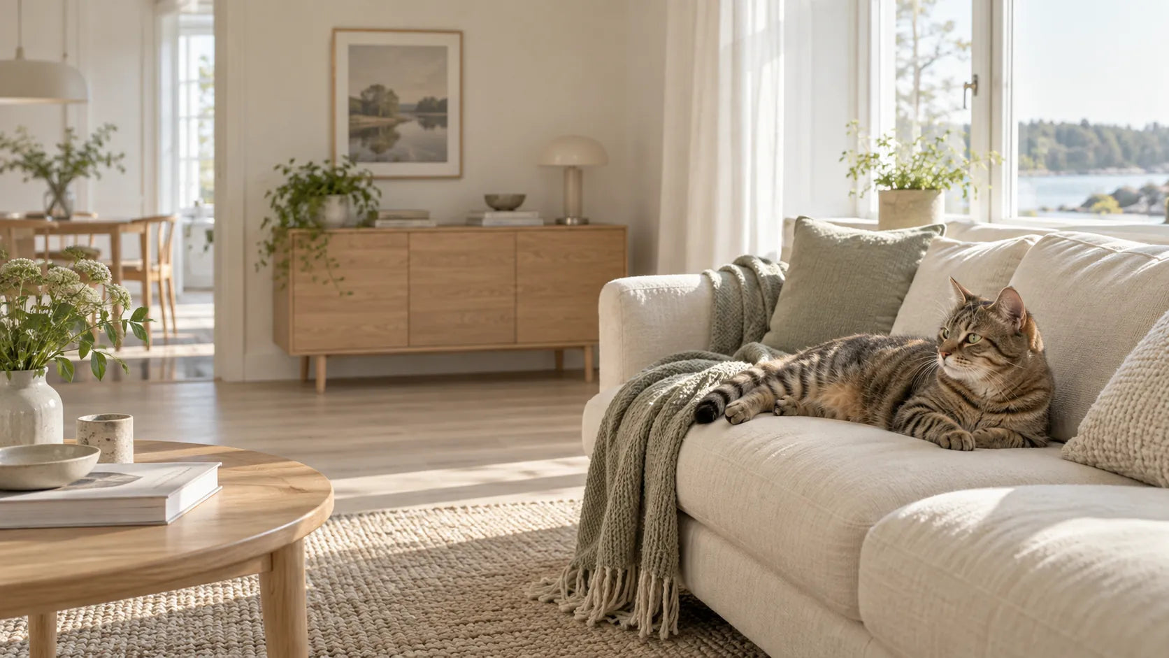 Katt vilar i ett ljust skandinaviskt vardagsrum