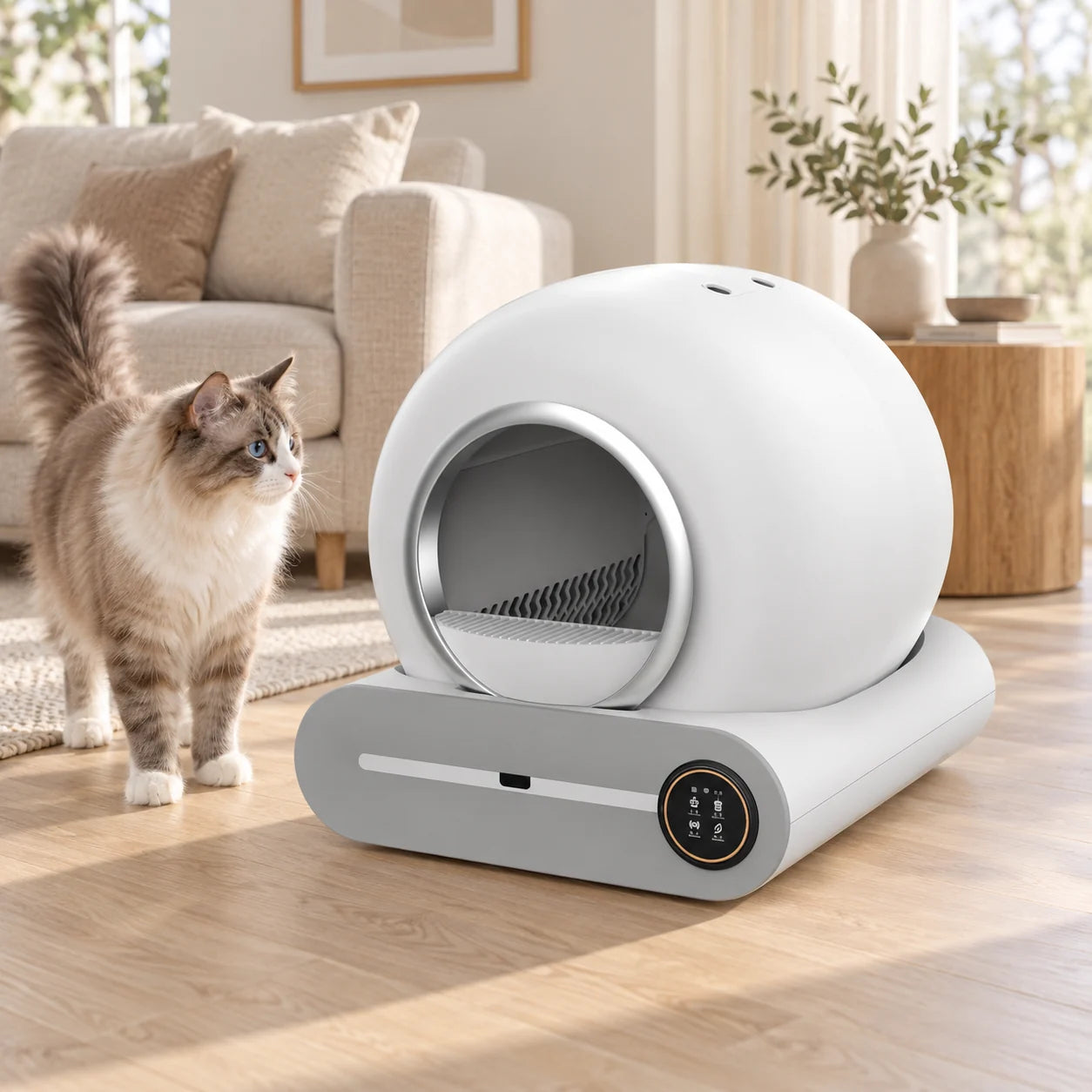 Nova automatisk kattlåda bredvid en katt i ett ljust hem