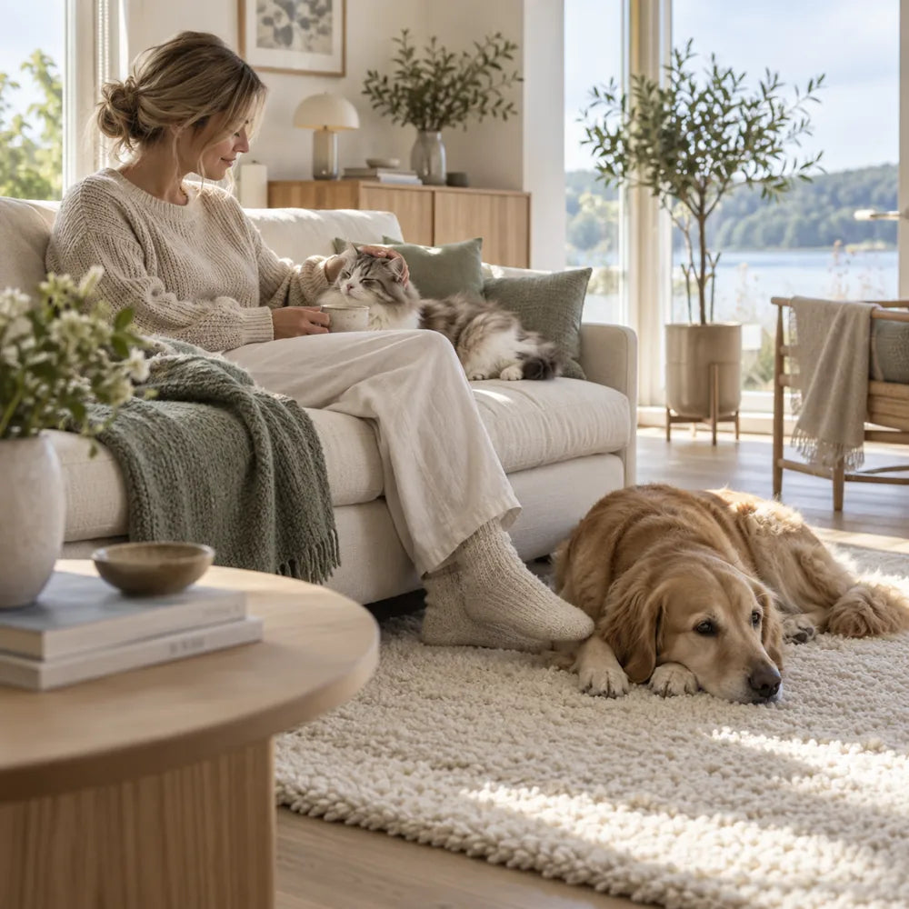 En person kopplar av med katt och hund i ett ljust hem